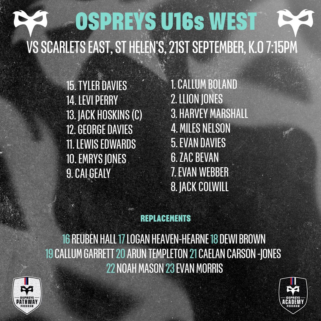 ospreys's tweet photo. 📢The Ospreys U16s East and West are in action this evening. Here's how they line-up👇

#OspreyInTheMaking https://t.co/4A8Fs1FxH1