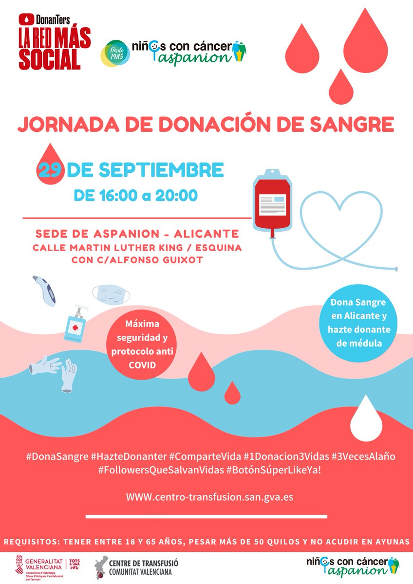 Aspanion's tweet photo. JUEVES 29 DE SEPTIEMBRE🎗️
JORNADA DE DONACIÓN DE SANGRE EN LAS SEDES DE ALICANTE Y VALENCIA DE ASPANION
¡Dona sangre, regala vida! ¡Te esperamos!
En las sedes podrás donar por la tarde a partir de las 16.00 (Alicante) y las 16:30 (Valencia).
#DonaSangre #ComparteVida #donaters https://t.co/lGcWCBGbFv