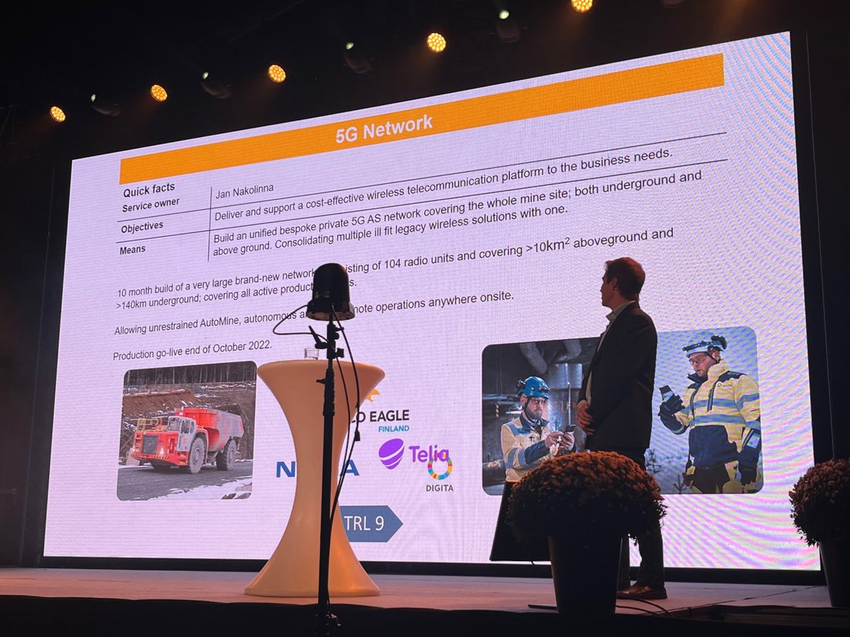 im_mining's tweet photo. .@agnicoeagle Finland Dev Manager Jari Nasi told @Sandvik_Mining's #Tampere event its private #5G above & below ground network at #Kittila will go production live late October 2022 allowing unrestrained #AutoMine, #autonomous & #teleremote ops anywhere onsite @nokia @teliafinland https://t.co/RDigDWm8uf