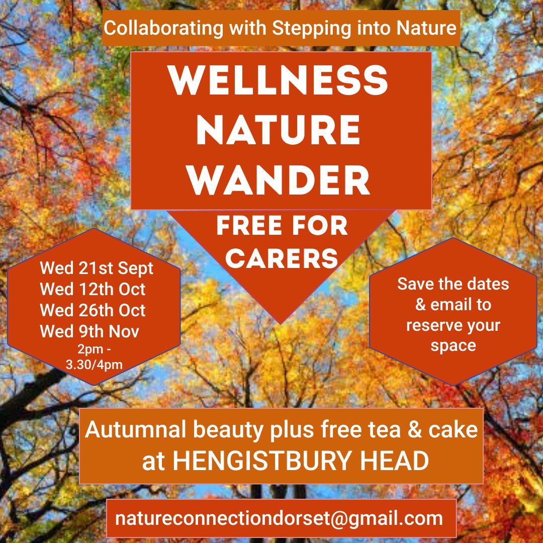 Nature provides a perfect opportunity to practice the five ways to wellbeing: Connect, Be Active, Keep Learning, Take Notice and Give.

Nature Connection Dorset invite you to join them their Autumn Nature Wanders, enjoy the colours of autumn and crispness of the leaves underfoot.