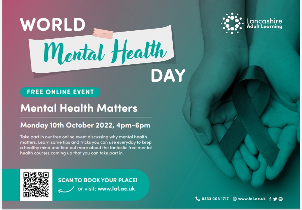 Join @LancsLearning #Health & #Wellbeing team on #worldmentalhealthday2022 This #FREE #onlinevent will be full of daily tips and tricks to keep a #healthymind ☺️ enrol via QR code or link below: lal.ac.uk/course/mental-… @LALPartnerships @nicolahall332 @DavidM0386 @kevin_ohara7