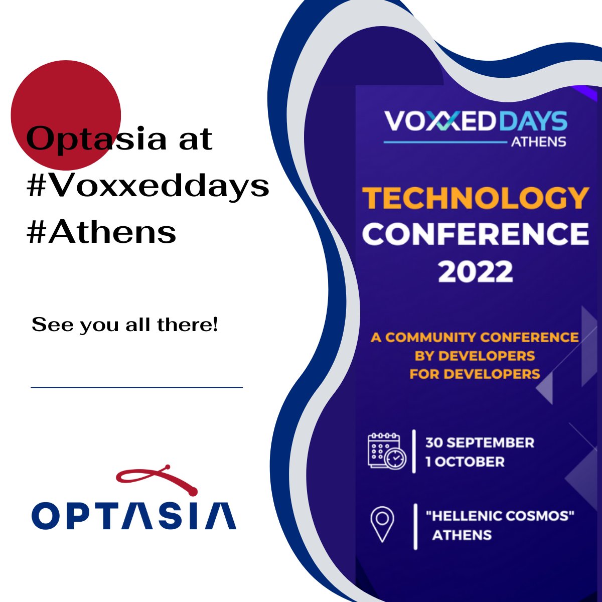 Countdown has begun for the #Voxxeddays #Athens' event. As a proud sponsor Optasia will be there to welcome you all at our booth!
Secure your spot and come meet us to catch a glimpse of all the techy, interesting, and exciting things we will present to you!
#vdathens2022