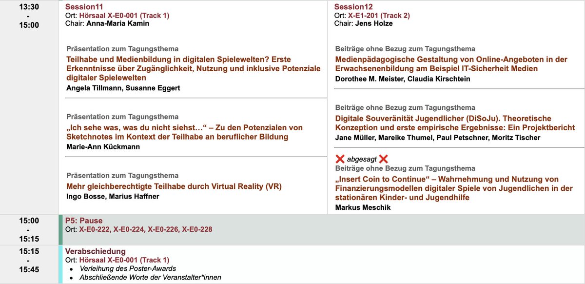 Und auf eine letzte Runde: Die Sessions 11 und 12 beginnen um 13:30 im Hörsaal bzw. Raum 201. Danach gehen wir nach kurzer Pause in die Verabschiedung mit der Verleihung des Posterpreises im Hörsaal! #mpaed2022