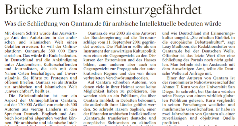 JoCroitoru's tweet photo. Die drohende Schließung von @QantaraDE @QantaraAR @QantaraEN würde nicht nur den #arabischen Autokraten nützen, mahnt Rainer Hermann @FAZ_NET. Leiden würden auch arabische Leser, die, so Redaktionsleiter @Loay_Mudhoon, hier "Einblick in die europäische Debattenkultur" erhielten. https://t.co/eeEkBVGnkx