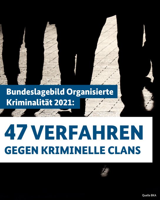 Bild zeigt schwarze Silhouette von drei Personen. Text auf Bild: "Bundeslagebild Organisierte Kriminalität 2021: 47 Verfahren gegen kriminelle Clans." 