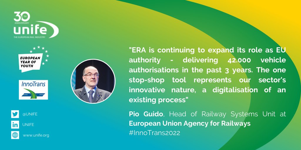 UNIFE's tweet photo. Innovation is evolution - since the #4RP entered effect, @ERA_railways has become an essential organisation in streamlining the #rail authorisation process.
At #InnoTrans2022, @GuidoPio reflects on the Agency's contributions since they took on this expanded mandate. https://t.co/ENbbbGb5aE