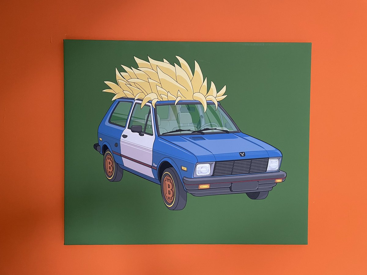 O_91Kevin's tweet photo. Finally got my #nft of the @Crazy_Yugo_Car on canvas and on the wall of our artspace/atelier “cerchio 91”! Thanks @nemastoja https://t.co/HiQH5di6bp