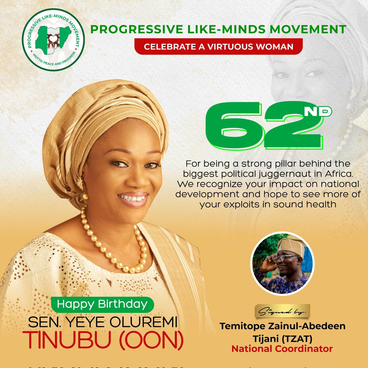 plmm_ng's tweet photo. Happy Birthday to the highly revered woman whom has carved her name in a precious stone while making sure not to neglect her duties. 

Being a strong support and eye comfort to the strongest Political Juggernaut ever in history.  1/2 https://t.co/Q9NhILiBnw