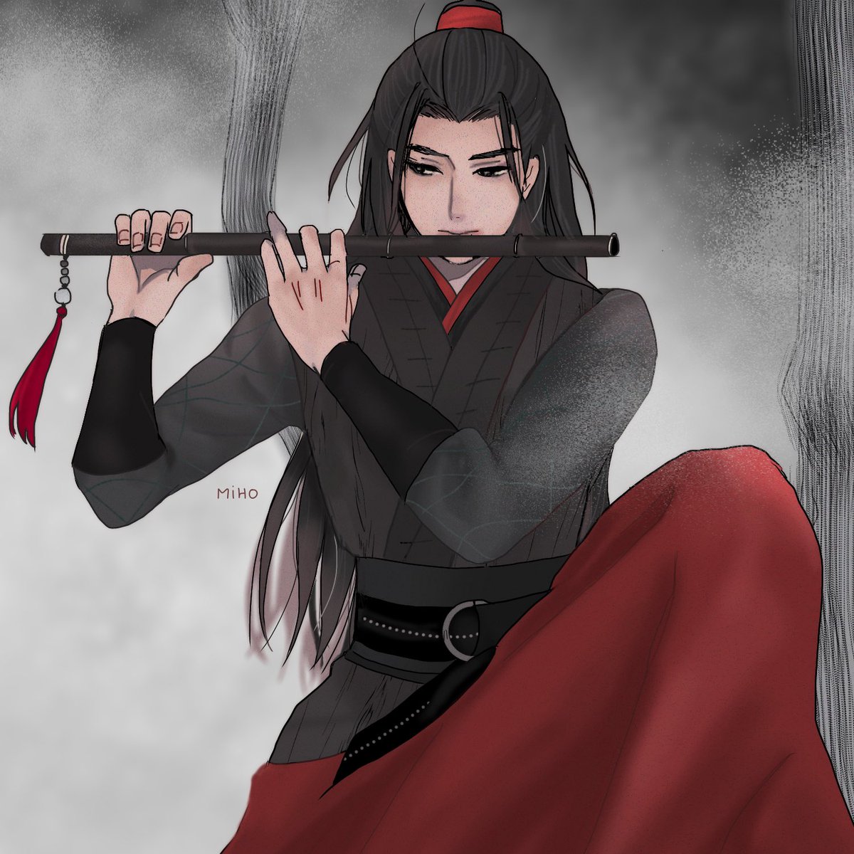 instrument playing instrument male focus 1boy flute long hair black hair  illustration images