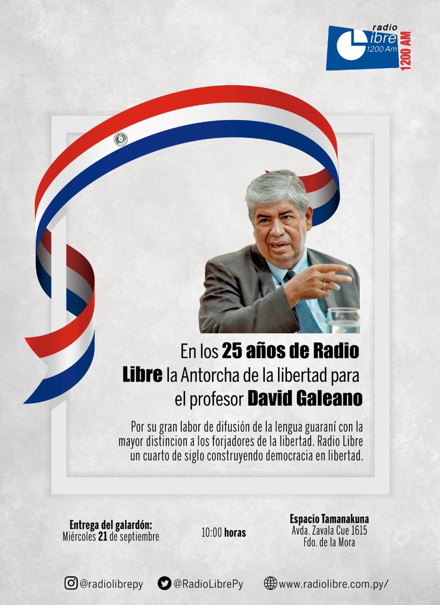 benjalibre's tweet photo. En los 25 años de Radio Libre entregamos hoy el mayor galardón de la República a los forjadores de la libertad. El profesor @lenguaguarani lo recibirá por su gran labor de enseñanza y difusión de la lengua guaraní. https://t.co/etoXgyGTZI