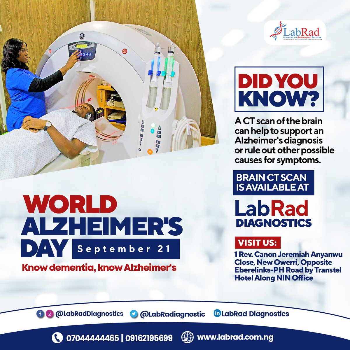 labradiagnostic's tweet photo. World Alzheimer's Day is a day commemorated annually every 21st September. This is to raise awareness about Alzheimer's Disease and Dementia.
This year's theme is "Know Dementia, Know Alzheimer's".
#LabRaddiagnostics #LabRad #WorldAlzheimersDay #worldalzheimersmonth2022 https://t.co/6nQcOCUDLC