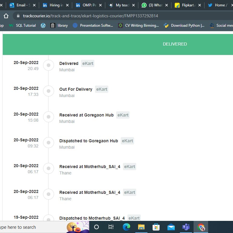 I have ordered Samsung Mobile worth Rs 14k through flipkart. It was suppose to be delivered on 20th Sept 2022. We havent recived any order but on Flipkart product shows it is been delivered. <a href="/Flipkart/">Flipkart</a>  <a href="/ekartlogistics/">ekart india</a> #Ekart Ship: FMPP1337292814.
Order ID OD226043507842628000