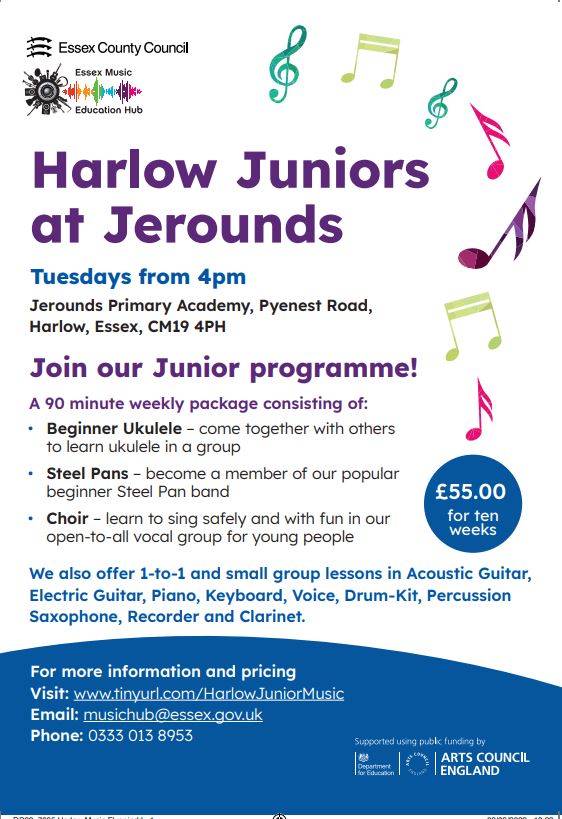 Calling all young musicians in #Harlow!  Join us for after school music making on Tuesdays. There's music groups and individual lessons. For more info email musichub@essex.gov.uk 🎶🎹🎶PlsRT <a href="/NET_Jerounds/">Jerounds Primary Academy</a> <a href="/HarlowTalent/">HARLOW'S GOT TALENT</a> <a href="/HarlowCouncil/">Harlow Council</a> <a href="/Essex_CC/">Essex County Council</a> <a href="/EssexLibraries/">Essex Library Service</a>