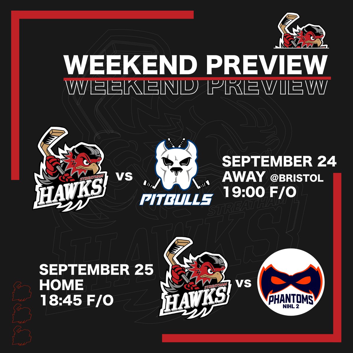 StreathamNIHL2's tweet photo. Double header weekend coming up!

The Black Hawks will be playing their first away game on Saturday against a new look @BristolPitbulls NIHL2 side before returning home for a Sunday fixture against the @nihl2phantoms. Faceoff on Sunday is at 6:45, see you there!

#Streatham https://t.co/c7YEPeVdLS