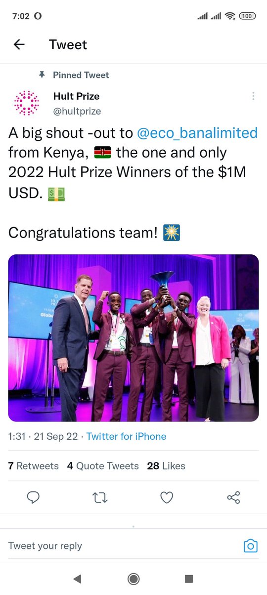 There is nothing as exhilarating as waking up to such news. Well done  Eco Bana team!. Listening to your pitch in May and the journey towards your victory is humbling. Continue creating meaningful work opportunities to more young pple.<a href="/rayochieng/">Ray ochieng</a> <a href="/KENIAupdates/">Kenya National Innovation Agency (KeNIA)</a> <a href="/pthigo/">Amb. Philip, Thigo, MBS</a> <a href="/hultprize/">Hult Prize</a>