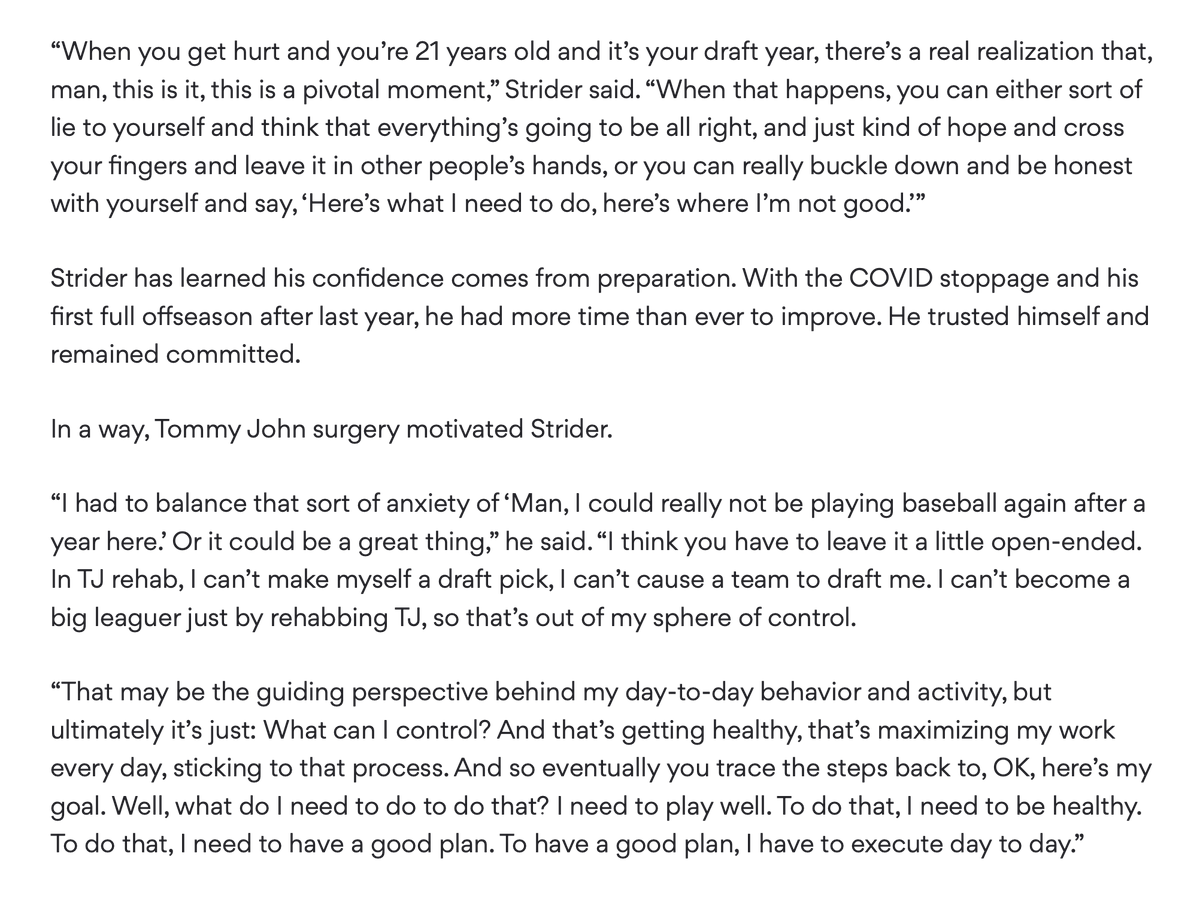 TreadAthletics's tweet photo. Spencer Strider's advice for overcoming TJ:

"You can either lie to yourself...hope &amp; cross your fingers...or you can buckle down and say 'here's what I need to do, here's where I'm not good.'

What can I control? And that's getting healthy, that's maximizing my work every day." https://t.co/N5JuzBIkQq