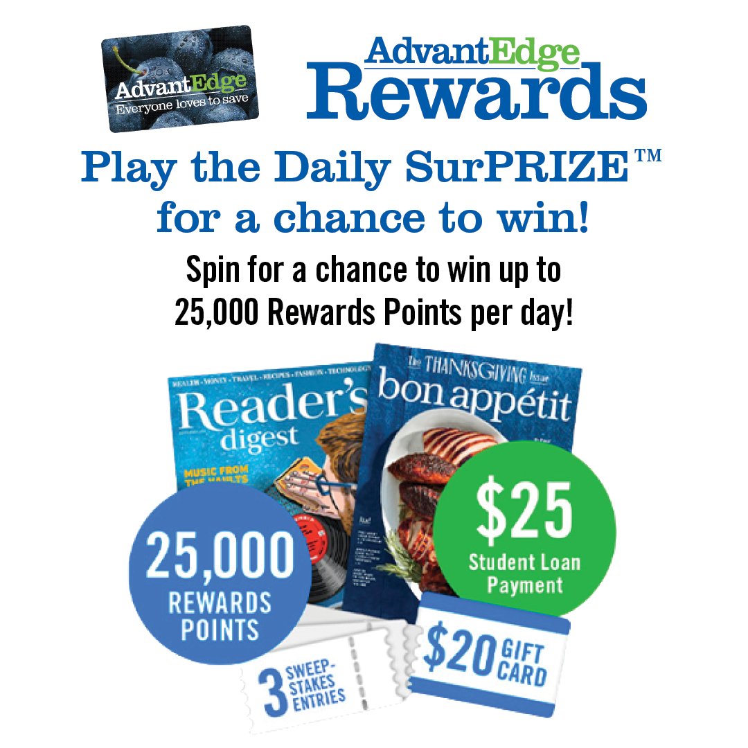 Introducing our Daily SurPRIZE!™ 🎁

The newest way to earn AdvantEdge Rewards Points, gift cards, and more. You'll get one spin of the wheel a day for the chance to win up to 25,000 AdvantEdge Rewards Points each time! 

Play now: bit.ly/3xxhtqk