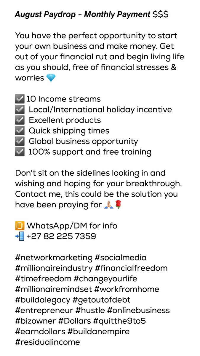 📳 WhatsApp/DM for info
wa.me/message/2JKGRZ…
📲 +27 82 225 7359

#financialfreedom  #timefreedom #changeyourlife #millionairemindset #workfromhome #buildalegacy #getoutofdebt #entrepreneur #hustle #onlinebusiness #bizowner #Dollars #quitthe9to5 #earndollars #buildanempire