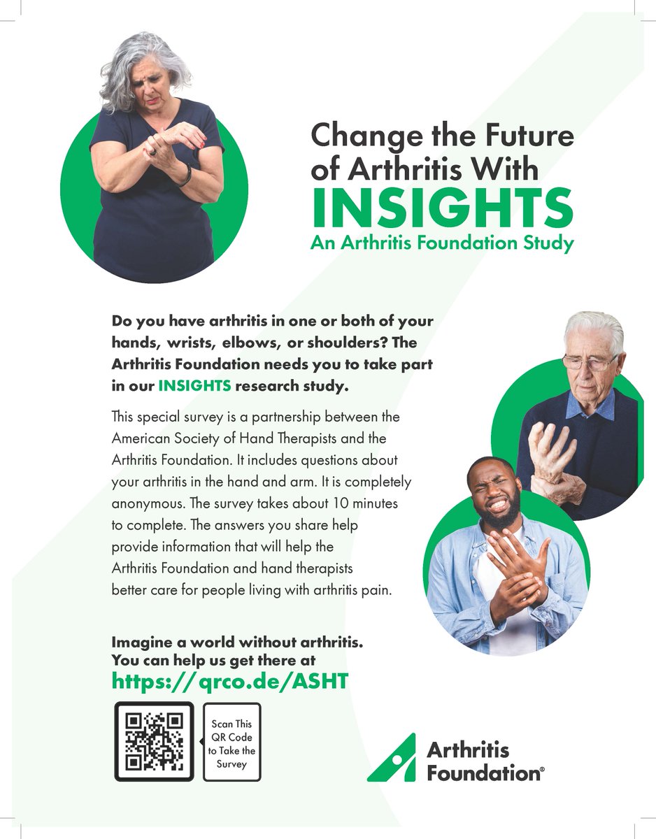 HandTherapyASHT's tweet photo. ASHT’s Research Division &amp; the @ArthritisFdn have created a collaborative survey research project and need your help reaching the target population of individuals living with #arthritis who have self-reported involvement of the hand or #upperextremity: https://t.co/mi4jqyuPum. https://t.co/bsmpRAEBLM