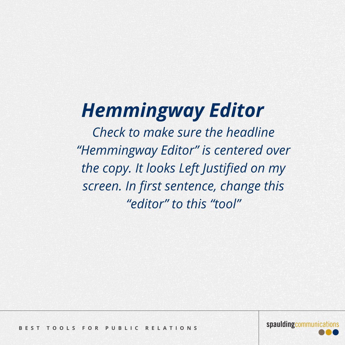 Words_Matter's tweet image. Tiffany, our Senior Communications Consultant, shares her top 3 tools for editing copy, analyzing headlines, and connecting with journalists. #prtips #publicrelationstips #publicrelations #communications

Swipe right to learn more!