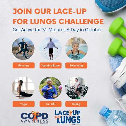 COPDFoundation's tweet photo. ๐โโ๏ธGet motivated - It's #LaceUpforLungs time!
๐ Get Active for 31 Minutes A Day this October. Signup now!
Support our drive for #earlydiagnosis & lung disease research to #STOPCOPD.
Join the challenge: https://t.co/HjsMhPrxua
#COPDawareness #exercisedaily #Facebookchallenge https://t.co/cAeP6esJOz