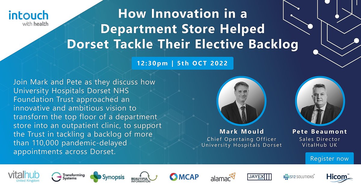 VitalHub UK (@vitalhubuk) on Twitter photo Patient Flow Transformation Webinar Series
<a href="/Intouchflow/">Intouch with Health</a> | How Innovation in a Department Store Helped Dorset Tackle Their Elective Backlog
Date: 5th Oct at 12.30pm
Register: lnkd.in/eR8py78U
#patientflow #outpatients #backlog #NHS <a href="/UHD_NHS/">University Hospitals Dorset NHS Foundation Trust</a> <a href="/VitalHubUK/">VitalHub UK</a> Patient Flow Transformation Webinar Series
<a href="/Intouchflow/">Intouch with Health</a> | How Innovation in a Department Store Helped Dorset Tackle Their Elective Backlog
Date: 5th Oct at 12.30pm
Register: lnkd.in/eR8py78U
#patientflow #outpatients #backlog #NHS <a href="/UHD_NHS/">University Hospitals Dorset NHS Foundation Trust</a> <a href="/VitalHubUK/">VitalHub UK</a>