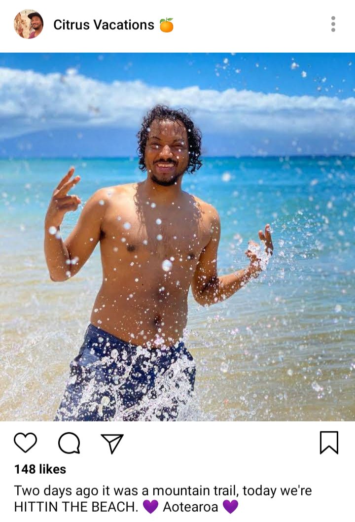 Roach's IG: picture of Roach on the beach
Caption: Two days ago it was a mountain trail, today we're HITTIN THE BEACH 💜Aotearoa 💜
