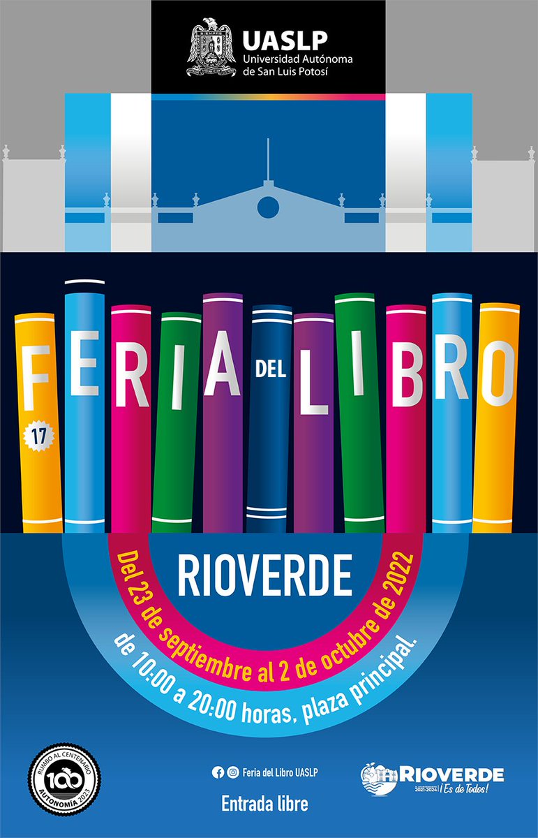 📚 La Dirección de Fomento Editorial y Publicaciones de esta casa de estudios invita a la 17ª. Feria del Libro #UASLP en #Rioverde, donde ofrecerá una amplia selección de novedades editoriales. 

📍Plaza principal. 
👉Del 23 de septiembre el 2 de octubre.
✅Entrada libre.