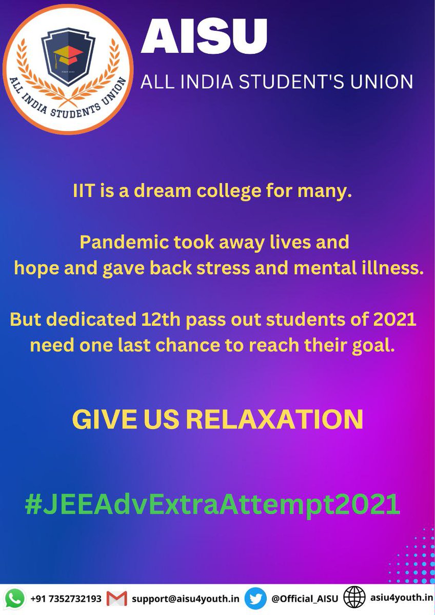 rkm005500's tweet photo. https://t.co/kwvCDHPMpw@ 
 aajtak @dpradhanbjp @IITGuwahati @PMOIndiaWe Request JAB to give an extra attempt of JEE ADVANCED in 2023 for 2021 passouts. #JEEAdvExtraAttempt2021 https://t.co/MjklJGO6HF