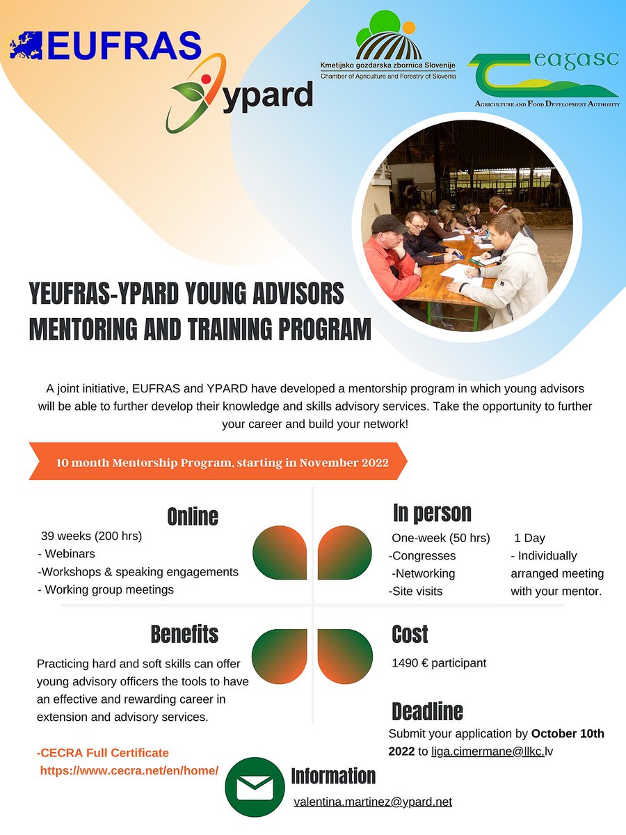 YPARD's tweet photo. 🌾 YPARD and #EUFRAS invite you to join the YEUFRAS-YPARD Young Advisors Mentoring and Training Program which aims to encourage youth towards a career in extension services
🌟Deadline: 10th October 2022
More https://t.co/4FZzVLTMBu https://t.co/nuLY739MGr