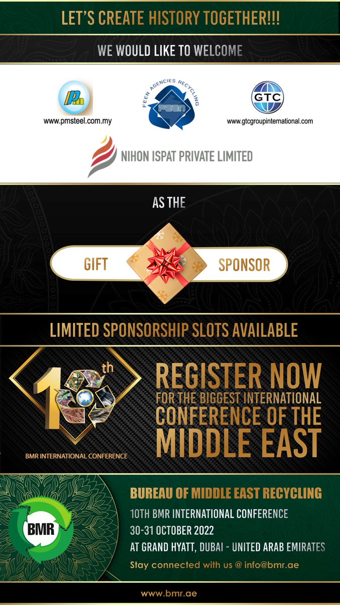 Introducing our Gift Sponsors for the 10th BMR International Conference.

#metalrecycling #recycling #earth #sustainablegrowth #sustainabledevelopment #BMR #BMR10 #conference #dubai #uae #grandhyatt #metals #ferrous #nonferrous #recyclingconference #future #savefuture #scrap