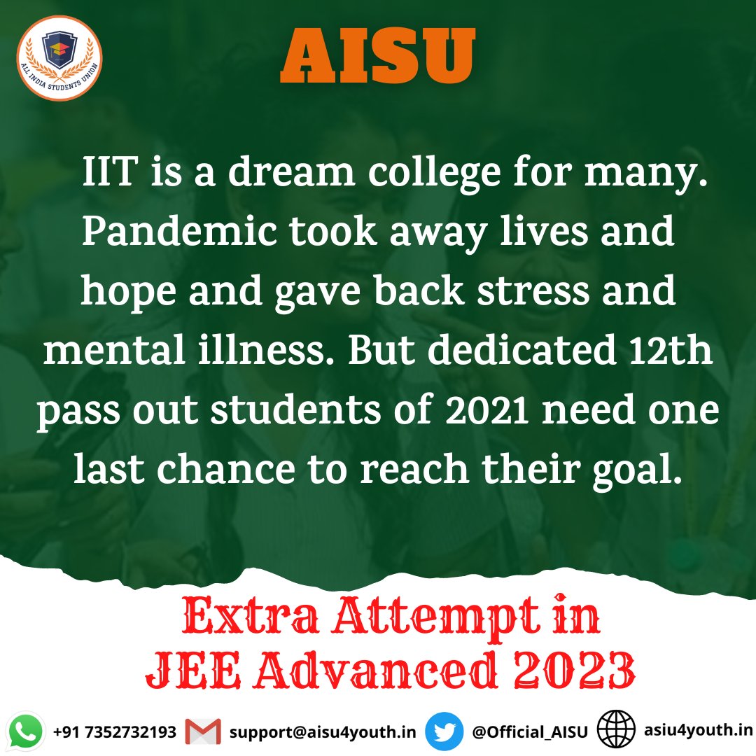 #JEEAdvExtraAttempt2021
Due to covid studies of 2021 passouts got hampered it wasn't easy for them to prepare even for the board exam.
Their 1 year was completely lost due to covid,we request JAB to allow 1 extra attempt for 2021 passouts in the year 2023 for advanced.