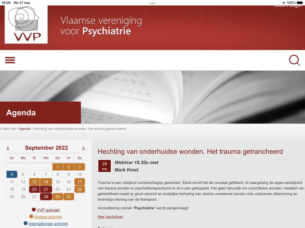 Volgende week eerste webinar van de Vlaamse Vereniging voor Psychiatrie. Herman, Van der Kolk, Van der Hart, maar ook Janet, Freud, Ferenczi, Fenichel, Bion en Fonagy alsook Lacan, Verhaeghe en Bazan… en de kliniek komen aan bod. Voor inschrijvingen vvp-online.be/agenda.php?eve…