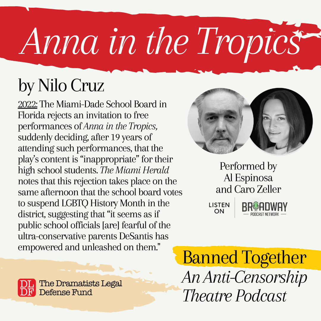 DLDF (@thedldf) on Twitter photo Al Espinosa and <a href="/carozeller/">caro zeller</a> perform a scene from "Anna in the Tropics" by Nilo Cruz. This play was just banned by a school district in FL.
Our #BannedBooksWeek podcast features excerpts from 11 banned or censored shows.
broadwaypodcastnetwork.com/bpn-live-repla…
<a href="/bwaypodnetwork/">Broadway Podcast Network 🎙 (BPN)</a> #BannedTogether Al Espinosa and <a href="/carozeller/">caro zeller</a> perform a scene from "Anna in the Tropics" by Nilo Cruz. This play was just banned by a school district in FL.
Our #BannedBooksWeek podcast features excerpts from 11 banned or censored shows.
broadwaypodcastnetwork.com/bpn-live-repla…
<a href="/bwaypodnetwork/">Broadway Podcast Network 🎙 (BPN)</a> #BannedTogether