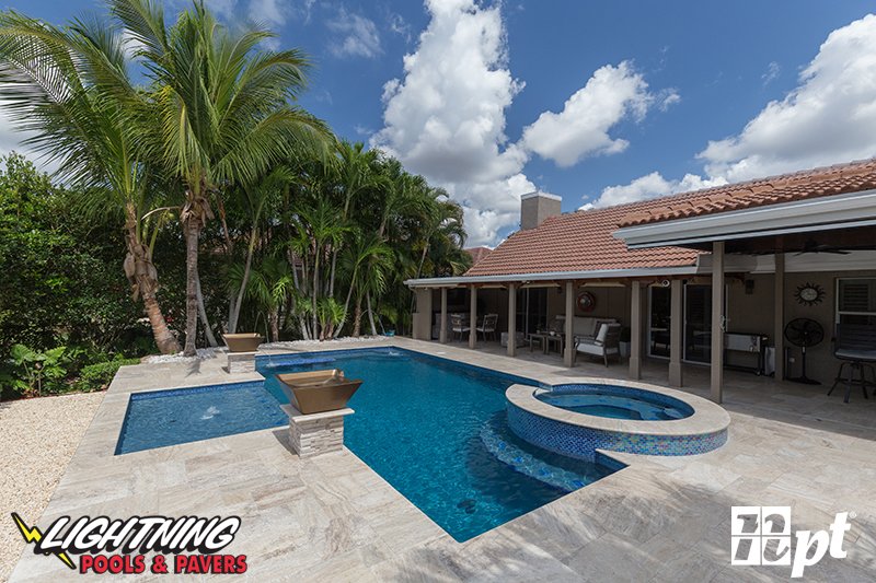 LightningPools's tweet image. Check out this beauty from National Pool Tile for your back yard design inspiration! This pool has a classic, succulent blue that excites and inspires. Lightwaves Blue pool tile enhances the raised spa.🤩💦🌵