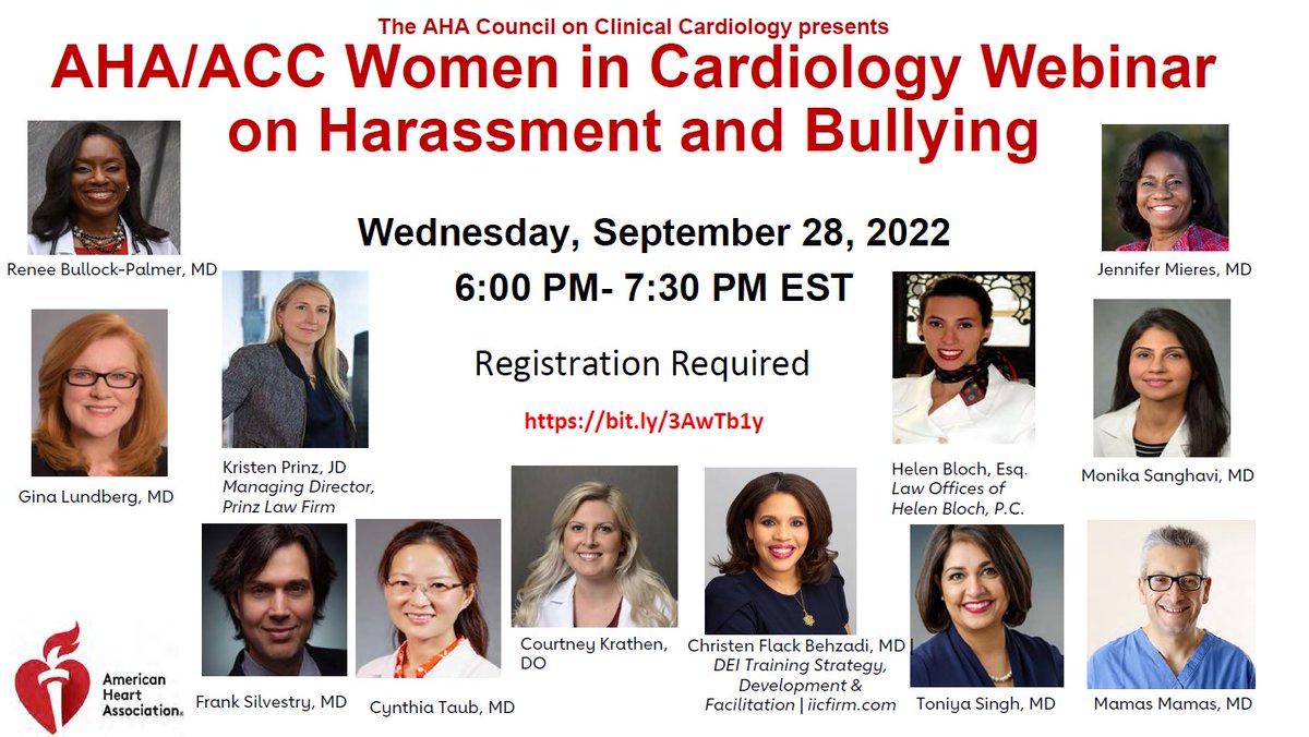 AHAScience's tweet photo. Join us for The AHA/ACC Women in Cardiology Webinar on Harassment and Bullying 

📅 Wed Sep 28
⏰ 6:00 PM-7:30 PM EST
📍 https://t.co/iAICVtGN2i

@RBP0612 @MonSangh @AVolgman @gina_lundberg @keprinz @cynthiataub @DrJMieres @DrToniyaSingh @mmamas1973 @FSilvestryMD https://t.co/zrtlnidN0P