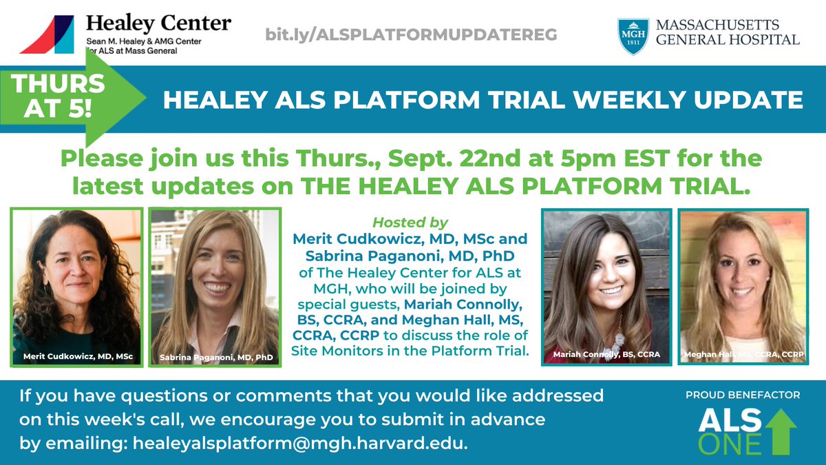 alsone_official's tweet image. Thurs 9/22@5pmET the latest on The Healey #ALSPlatformTrial. Hosts @MeritCudkowicz &amp;amp; @PaganoniMDPhD of @MGHNeurology will b joined by Mariah Connolly,BS,CCRA &amp;amp; Meghan Hall,MS,CCRA, CCRP to discuss the role of #SiteMonitors in the #ALS #PlatformTrial Reg bit.ly/ALSPLATFORMUPD…