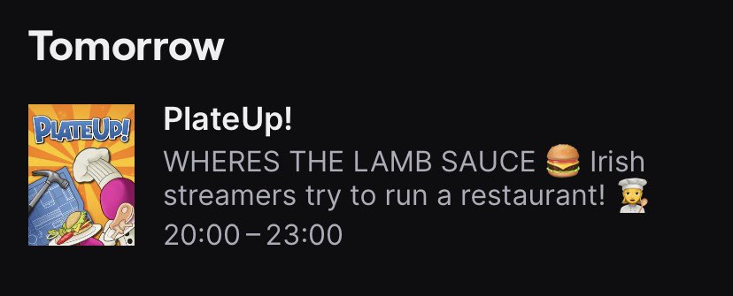 🍔👩‍🍳 Playing plate up! with <a href="/ShannyRawr/">Shannon</a> <a href="/JaxDasher/">Jax Dasher</a> <a href="/captn_harkn33ss/">Captn_Harkn33ss</a> tomorrow at 8pm GMT! Make sure to drop in and enjoy the chaos! #smallstreamer #irishstreamer #TwitchStreamers
