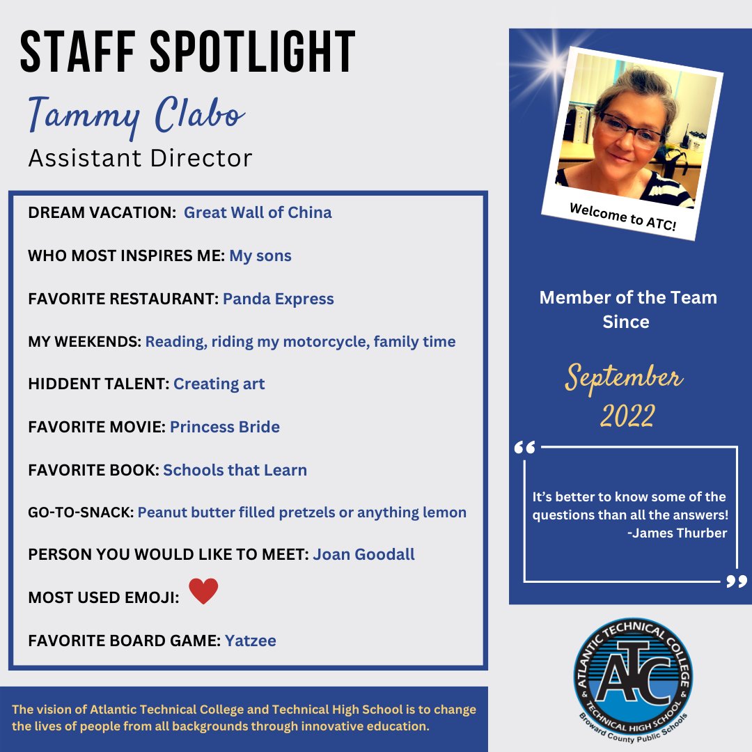 ATCTechCollege's tweet image. WELCOME ABOARD! Please join us in welcoming our two new assistant directors - Dr. Tammy Clabo and Brian Norris.  We are excited to have them as part of the ATC family.

#ATC #AtlanticTech #CoconutCreek #FLtechnicalcollege