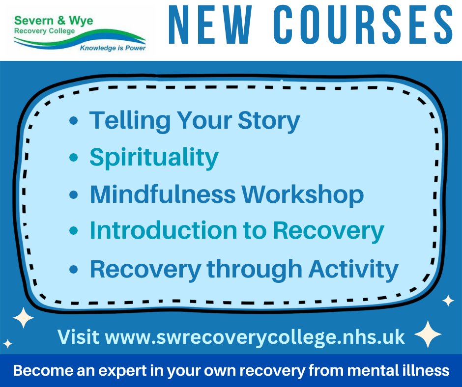 GlosHealthNHS's tweet photo. Severn &amp; Wye Recovery College delivers educational courses teaching people the skills, techniques &amp; knowledge to recover from #Mental #Illness. The following courses will be starting shortly and we still have a few spaces available. To find out more visit https://t.co/h5D1G7PKkj https://t.co/CorpnpMKEp