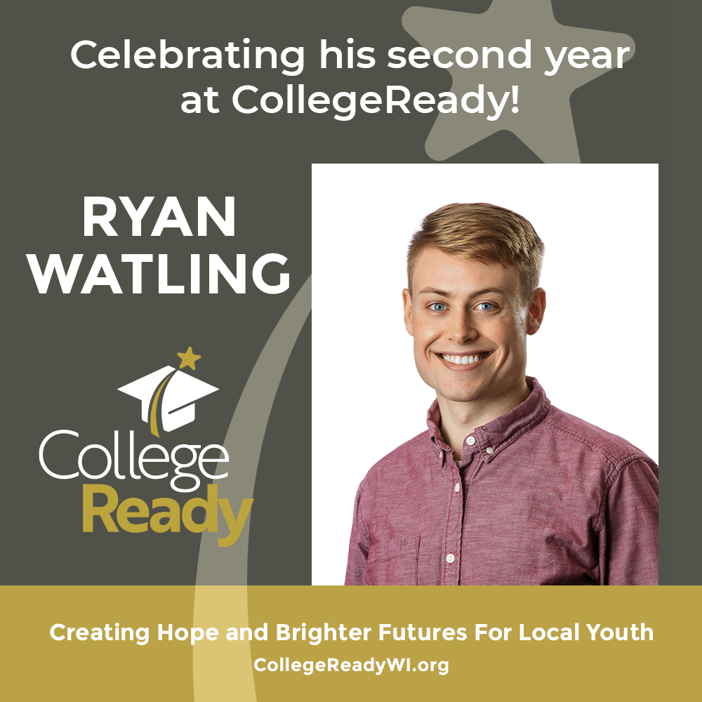 CollegeReadyWI's tweet photo. We're proud to #congratulate Ryan Watling on his two-year #workanniversary! As NEW Scholars Middle School Coordinator, Ryan's enthusiasm for helping youth reach their potential is easy to see. He inspires our families and supports and motivates our students! Thank you, Ryan! https://t.co/XzLczPHVGx