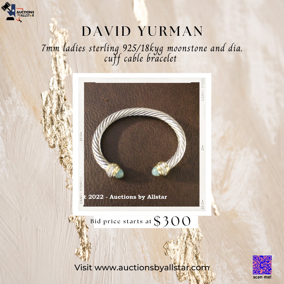 AllstarBy's tweet photo. Lot# 1133
David Yurman 7mm ladies' sterling 925/18kyg moonstone and dia. cuff cable bracelet, 29.4dwt. 😍

Bid on this for a low price.
Register and Bid!
https://t.co/g7cNJ1qsCz

#925sterlingsilver
#auctionsbyallstar
#auction
#auctions
#onlineauction

https://t.co/FS1n02d9Rr. https://t.co/PBFfIKIuoZ