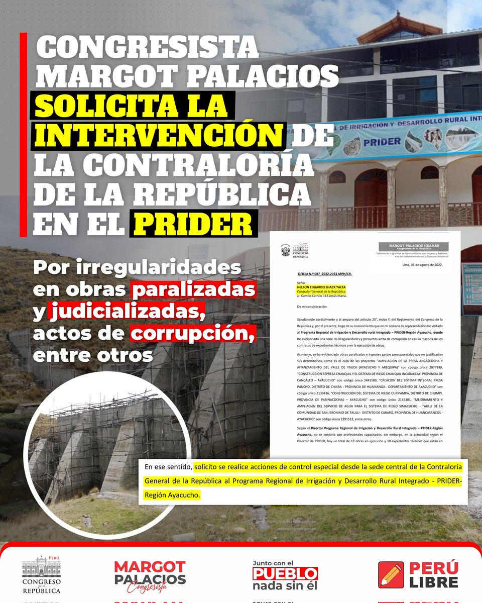 MargotPalaciosH's tweet photo. Solicité la intervención de la @ContraloriaPeru, al Programa Regional de Irrigación y Desarrollo Integrado (#PRIDER) de Ayacucho, ante evidencias de una serie de irregularidades, presuntos actos de #corrupción en los contratos de expedientes técnicos y en la ejecución de obras. https://t.co/R5ENN4fIyL