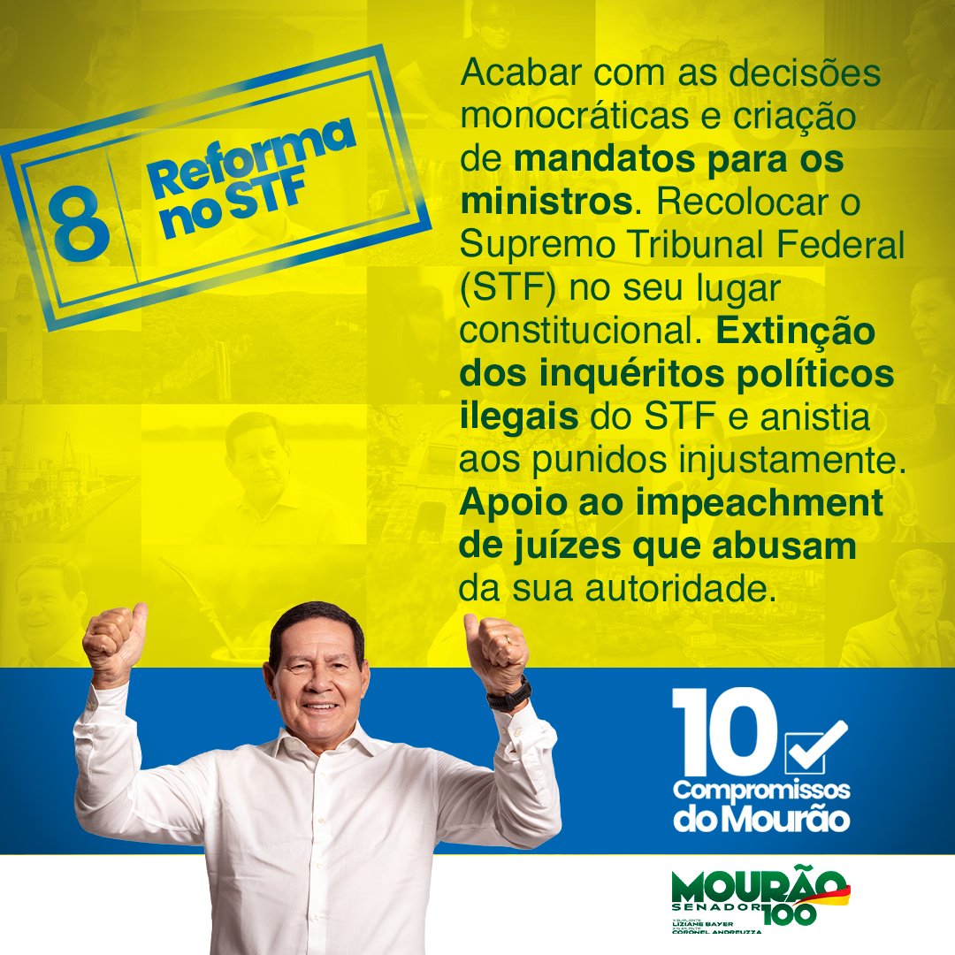No Senado, vou trabalhar para acabar com as decisões monocráticas no STF. Apoiarei também a abertura de processos de impeachment contra ministros que avancem contra as prerrogativas constitucionais.
#Vote100  
#MourãoSenador  
#ÉCompromissoDoMourão