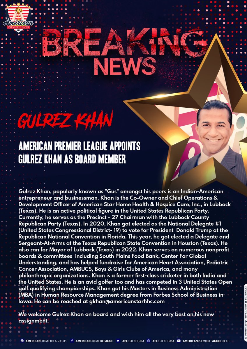 American Premier League Appoints Gulrez Khan as Board Member.
#APL #GulrezKhan #SalMedia #SalMediaUSA