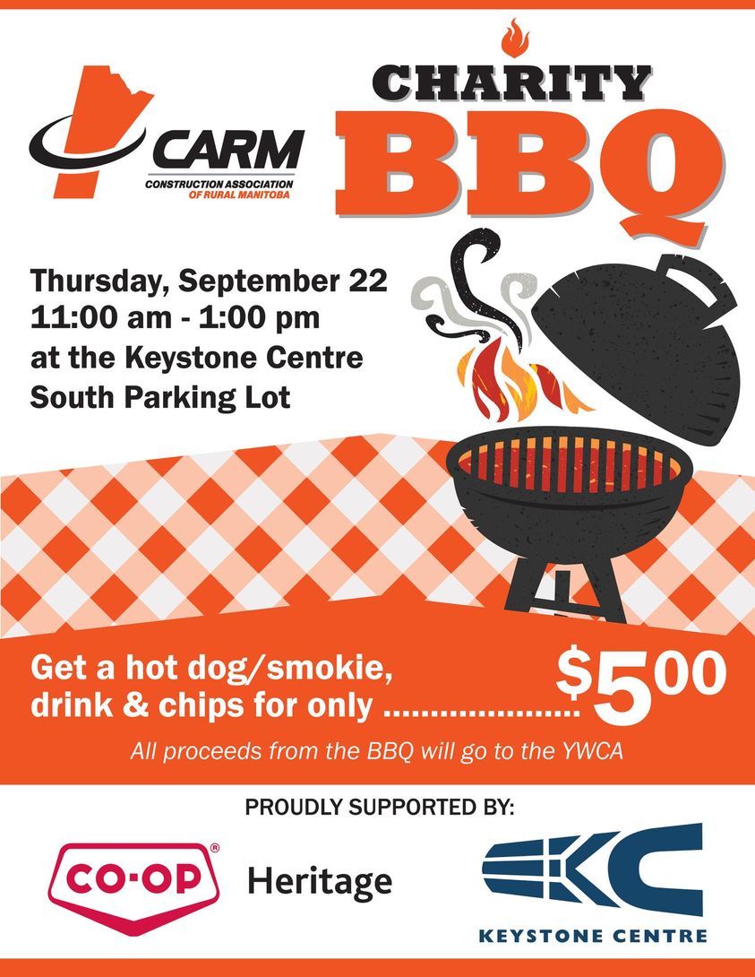 COME HAVE LUNCH WITH US - TOMORROW!

CARM's Charity BBQ at the Keystone Centre South Parking Lot.

Get a hot dog or smokie, bag of chips &amp; a drink for only $5!

All proceeds from the BBQ will go to the YWCA Brandon

Proudly sponsored by Heritage Co-op &amp; the Keystone Centre