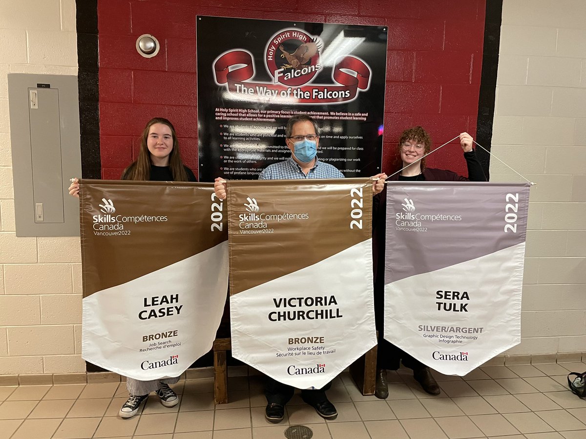 Our National Skills Competition students who placed in Vancouver 2022 receive their banners today. Congratulations to Sera Tulk, Leah Casey and Victoria Churchill (thanks to Mr.Fifield for stepping in for Victoria)