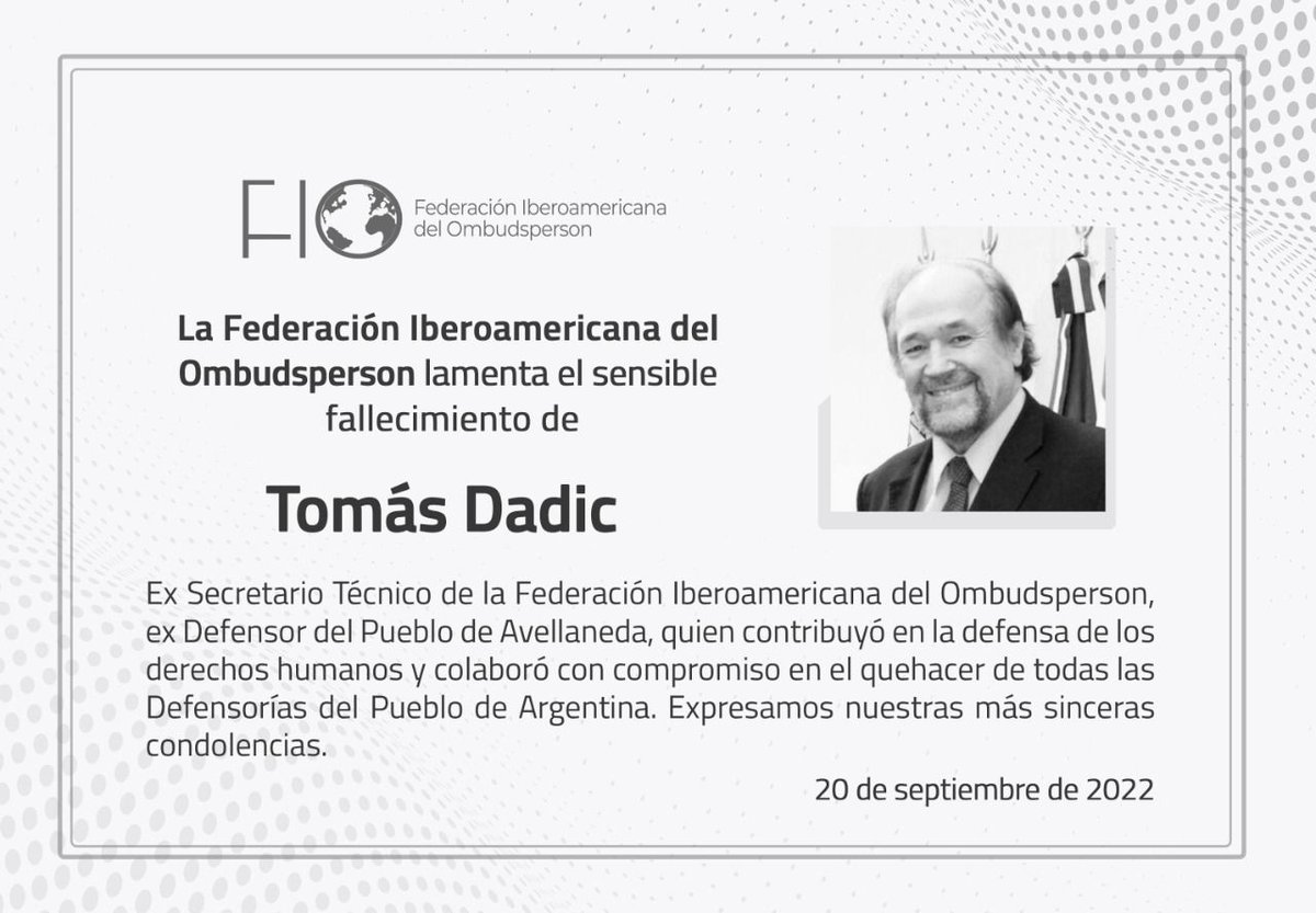 OmbudspersonFi's tweet photo. Nos unimos a las muestras de afecto y condolencias a la familia y amigos de Tomás Dadic, ex Defensor del Pueblo de Avellaneda, quien contribuyó a la defensa de los #derechoshumanos de #Argentina. https://t.co/bmsWhxNu46