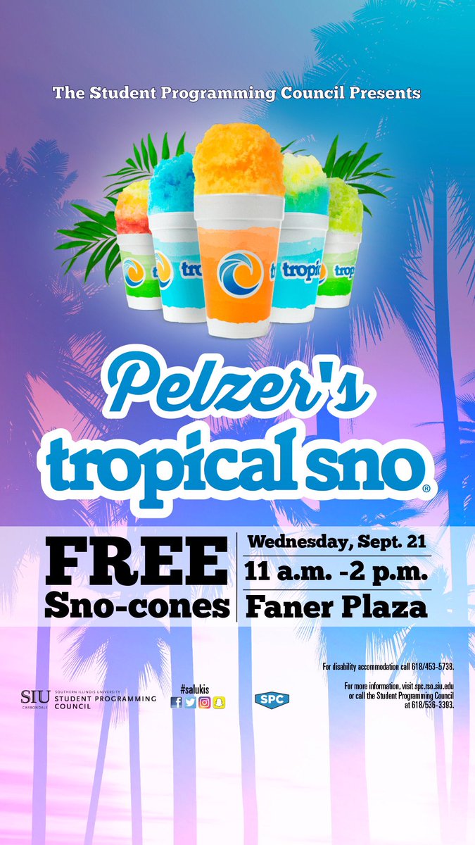 SPC_SIUC's tweet photo. The last day of summer is another scorcher @SIUC but SPC is combating the heat with:
FREE SNO CONES!
π TODAY (9/21)
β° 11:00 am - 2:00 pm
π Faner Plaza
πͺͺ Bring your Student ID/dawgtag
#snocones #free #getinvolved #spc #thisissiu https://t.co/7krj6Vk8tT