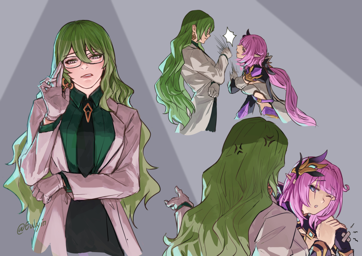 elysia (honkai impact) multiple girls labcoat pink hair 2girls glasses long hair gloves  illustration images